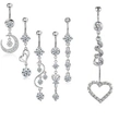 Silver belly button ring set with moon and heart cubic zirconia piercing jewelry - Silver White Zircon
