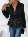 Elegante schwarze Damenjacke mit Schößchen-Saum, weißen Perlen und silbernem Ring-Reißverschluss - S / Schwarz