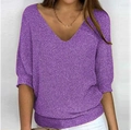 Elegant purple V-neck knit sweater for women with refined texture and slim-fit three-quarter sleeves - S / Purple