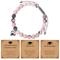 Detail of pink and gray natural stone bead bracelet with heart charm and graduation cards - The Adventure Begins Theme / Pink Zebra Stone