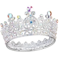 Elegant Baroque silver tiara with crystal rhinestones and hollow heart design - Silver/AB Multicolor Rhinestone