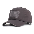 Close-up of distressed charcoal grey baseball cap with American flag embroidery detail - One Size / Dark Gray