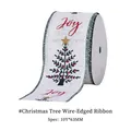 63mm Christmas ribbon with Joy text, green trees, and golden stars on white fabric - Christmas Tree Joy Text