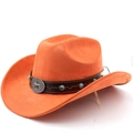Détail d'un chapeau de cow-boy orange en daim avec bande en cuir et boucle étoile - M (56-58cm) / Orange