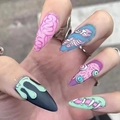 Uñas postizas de Halloween estilo zombie con arte de ojos y calaveras en punta stiletto - Tipo de Pegamento / Graffiti de terror de personalidad (Y-347)