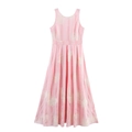 Roze mouwloze maxi-jurk voor dames met wit bloemenborduurwerk en een geplooide taille - XS / Roze