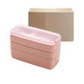 Pink 3-layer stackable lunch box 900ml with cutlery storage and eco-fiber texture - Triple Layer-Pink (900ml)-Boxed