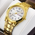 Detail view of gold metal watch band and white dial with Arabic numerals and date display - Full Gold with White Dial