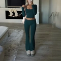 Ensemble en tricot bleu sarcelle deux pièces avec haut court manches longues et pantalon évasé - S / Vert