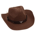 Detail of dark brown cowboy straw hat with silver steer skull and studded leather band - One Size / Coffee