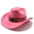 Detailed close-up of pink felt cowboy hat with embroidered band and blue turquoise stone - M (56-58cm) / Hot Pink