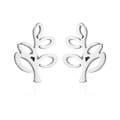 Macro shot of silver tree leaf stud earrings with detailed cutout design and reflection - 185-Leaf / Steel