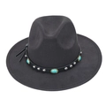 Detail of wool felt cowboy hat featuring silver studs and turquoise stones on a leather band - Black