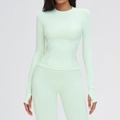 Seamless mint green long sleeve yoga top with thumb holes and breathable side mesh texture - S / Ragweed Green