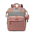 Pink and grey multi-functional diaper backpack with quilted front pocket and small pouch - Grey and Pink