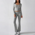 Ensemble de yoga gris 2 pièces avec haut à manches longues et col carré et pantalon évasé - S / Gris Chiné