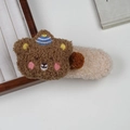 Plush beige claw clip with a cute brown teddy bear wearing a blue party hat - Bear Clip - Dark Coffee