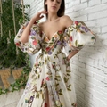 White off-shoulder maxi dress with colorful floral embroidery and puff sleeves - S / 9204-Off-Shoulder White Dress With Floral Embroidery