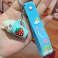 Blue strawberry milk tea cup keychain with wish lanyard for handbags and keys - Strawberry Ice Cream / Blue