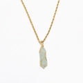 Detailed macro view of light green hexagonal crystal pendant with gold wire wrap on chain - Pale Green