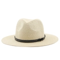 Close-up of beige straw jazz hat featuring a black leather band with silver metal studs - M (56-58cm) / Beige
