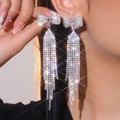 Sparkling silver long tassel bow-knot earrings with shimmering rhinestone embellishments - Bow-knot Rhinestone Tassel (DTE1816384S)