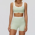 Women's sage green and white high-waist yoga set with ribbed contrast binding - S / Top And Bottom (Bra And Shorts) / Mint Green