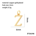 Detailed specs of gold plated copper letter Z charm with dimensions and hole size - Letter Z