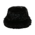 Close-up of the soft black plush texture and fluffy material of this winter bucket hat - M (56-58cm) / Black