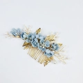 Peigne à cheveux de mariée avec fleurs en tissu bleu, feuilles dorées et perles - Grand peigne à cheveux / Violet