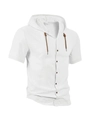 Short sleeve hooded linen-style shirt in pure white with brown drawstring and buttons - S / White
