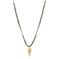 Macro detail of Bohemian tourmaline beaded necklace with gold heart evil eye pendant - Green/Brown/Natural Stone Color