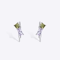 Detailed shot of silver earrings with rectangular purple and square yellow zircon stones - Purple Stud Earrings