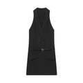 Elegante vestido blazer negro sin mangas con solapas, botones de doble botonadura y cinturón - XS / Negro