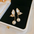 Elegant gold butterfly earrings with white enamel wings and hanging round pearls - 126# Gold & White Butterfly Artificial Pearl