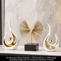 Luxury cream white and gold ceramic flame sculpture set with iron fan accent piece - Phoenix Flight White Gold Set With Golden Eagle Iron Art Ornament