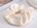 Elegant cream satin scrunchie with silver rhinestones on a clean white background - Large Rhinestone Scrunchie - Beige