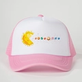 Pink and white mesh trucker hat with creative solar system pac-man style print graphics - One Size / Pink