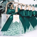 Frosted gift bag with emerald green satin bow and gold printed Wedding Day tag - Forest Ribbon + Wedding Tag + Raffia