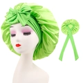 Bright green satin sleeping cap for long hair featuring a large front bow and elastic band - Cross-Fruit Green