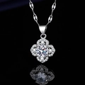 Silver plated necklace pendant with round center stone and clover shaped halo design - Xl-134 [with Four-leaf Clover Chain]
