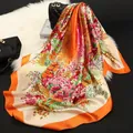 Floral print 90cm satin square scarf with orange borders and silky smooth finish - Flower Bloom Orange