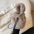 Plush faux fur drawstring bucket bag in taupe grey for autumn winter fashion - Khaki