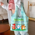 Green checkered canvas tote bag with Happy text and cute cartoon animal pattern - Blue Plaid Happy Party