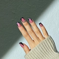 Pink and black French press-on nails with hand-painted flowers and rhinestones - French Pink Black Flower (D-209) / Glue Type