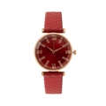 Elegant ladies watch with red dial, gold case and textured leather strap in quartz style - Red