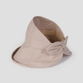 Detail of linen sun visor with a decorative bow and wide brim for sun protection - M(56-58cm) / Beige