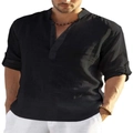 Men's casual black cotton linen long sleeve shirt with simple Henley collar design - S / Black