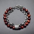 Mens red tiger eye beaded bracelet with grey metal chain and secure toggle clasp - Full Red Tiger Eye