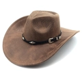 Macro detail of brown woven cowboy hat featuring a black leather band with silver buckles - M (56-58cm) / Striped Khaki